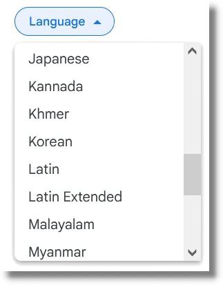 Google Fonts Auswahl Sprache