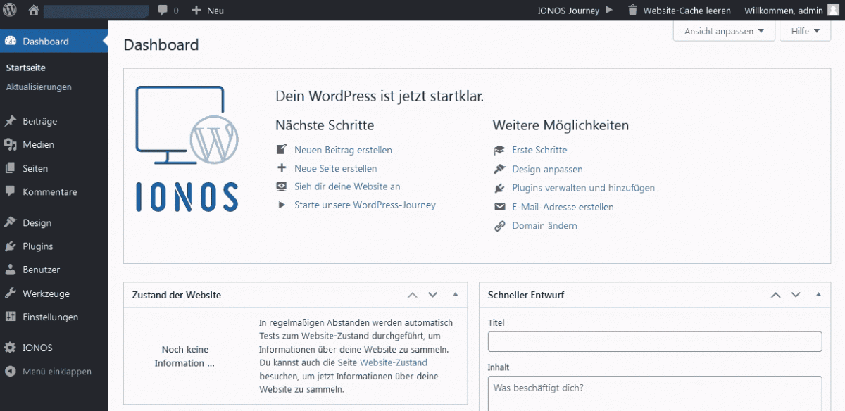 Ionos WordPress Hostig Dashboard Admin