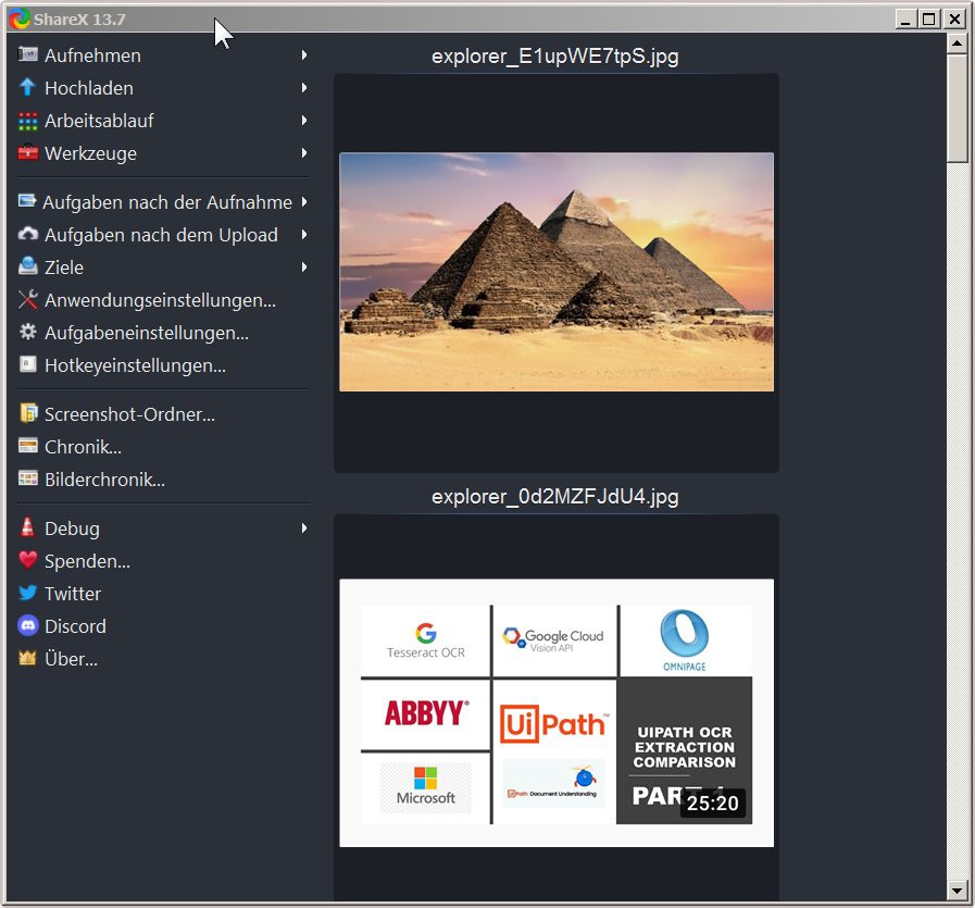 Screenshot Tool ShareX Startbildschirm