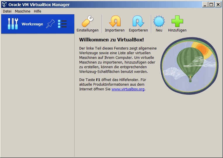 VirtualBox virtuelle Maschine für Windows - Startbildschirm